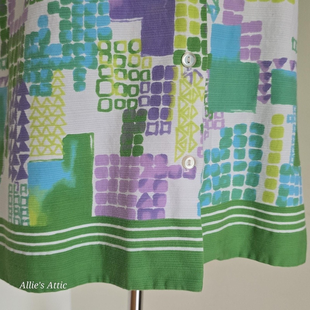 70s Vtg Button Short Sleeve Polyester Geometric Green Purple Dagger Collar Shirt - Picture 4 of 8